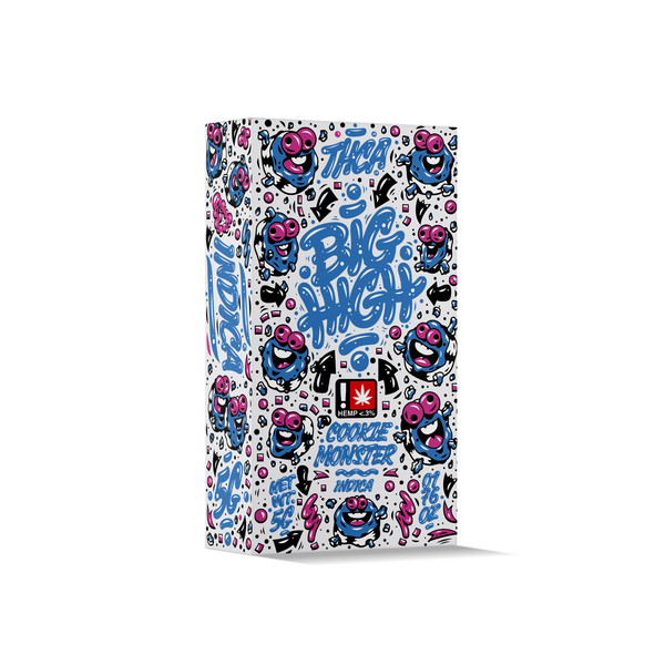 Disposable Big High THCA Vape 3G with Cookie Monster design, featuring sleek vape device and colorful branding.