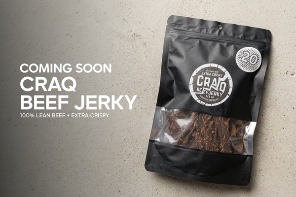 Close-up of Craq Extra Crispy Beef Jerky pieces, showcasing their crispy texture and rich, savory appearance.